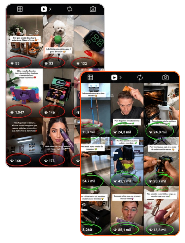 Comparativo antes e depois: perfil sem os vídeos virais com poucas views x perfil com a biblioteca de vídeos virais com milhares de views